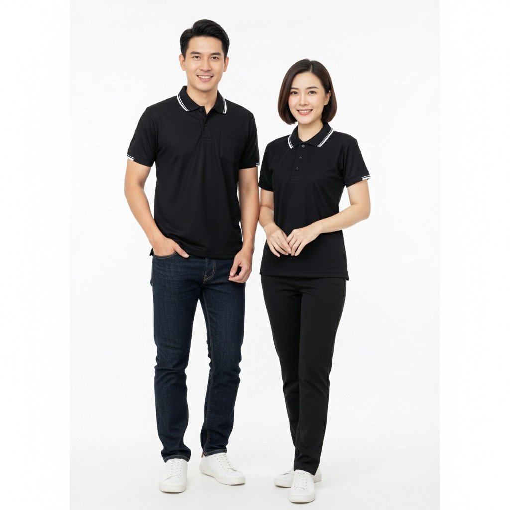 เสื้อโปโล สีดำ คอคลีปขาว ผลิตจากเนื้อผ้าที่ดี มีคุณภาพ เนื้อผ้านุ่ม สวมใส่สบาย มีบริการส่งเก็บเงินปลายทาง – โปรปัง