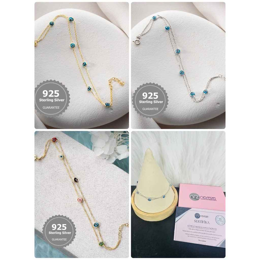 NEREZE 925 Sterling Silver Gold 2 Row Chain Evil Eye Bracelet สร้อยข้อมือ Evil Eye เงินแท้ 925 จากตุรกี