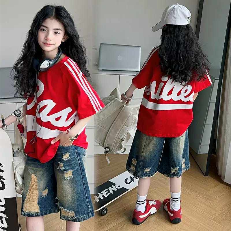 (ขายแยกชิ้น)(**พร้อมส่งจากในไทย**) NO.861 เสื้อยืดเด็กสีแดง Ras/NO.862 กางเกงยีนส์เด็กสามส่วน แต่งขาด