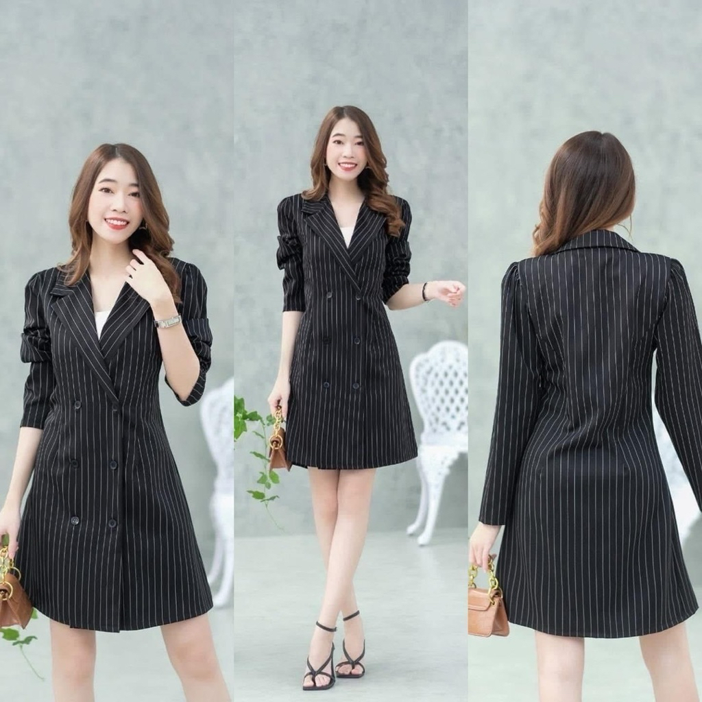 (มี2 ไซส์) เดรสสูทแขนยาว ลายริ้ว ติดกระดุม 6 เม็ด ผ้าคตอตตอน ใส่เที่ยว ใส่ทำงานได้นะคะ พร้อมส่ง
