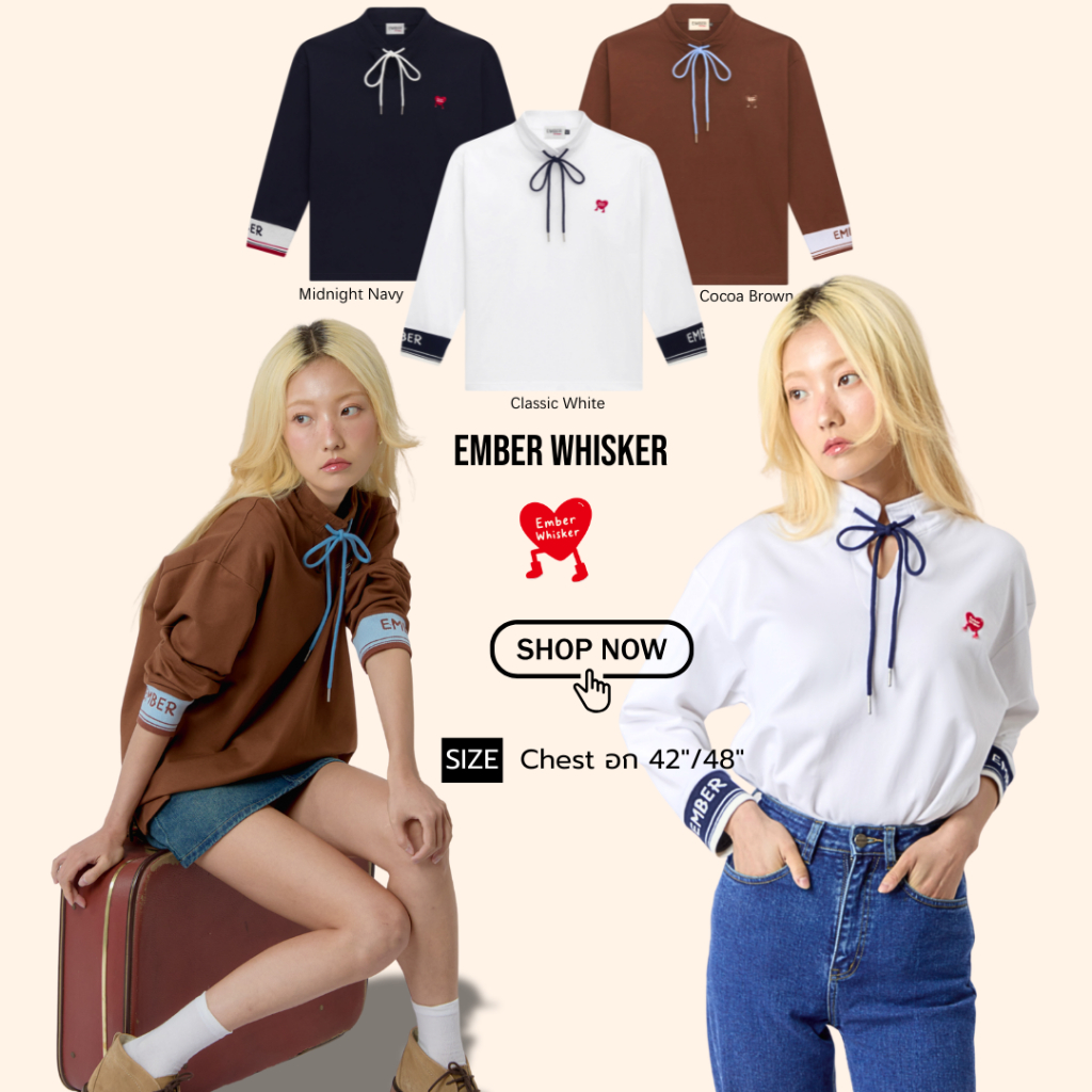 Ember.Whisker Step Motion Top เสื้อแขนยาวผู้หญิง คอผูกโบว์ ผ้านิ่มใส่สบาย Cotton มี 3 สี (Navy / Whi