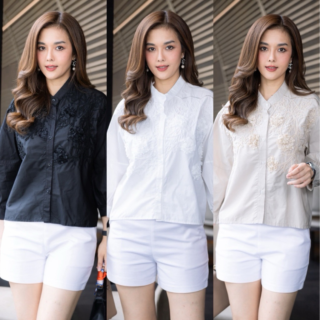 เสื้อคอตตอนสีพื้นเกรดพรีเมี่ยม🖤🖤ปักดอกไม้สามมิติ ถ้าใส่สบายค่ะ