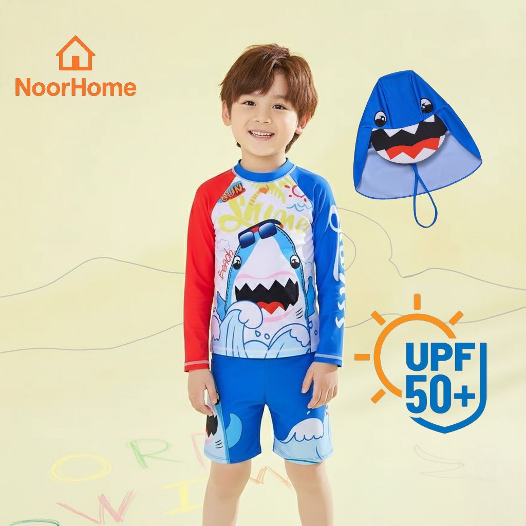 ชุดว่ายน้ำเด็กผู้ชาย ลายฉลาม 3 ชิ้น เสื้อแขนยาว+กางเกง+หมวก ป้องกันแดด UPF50+ ผ้านุ่ม แห้งไว ใส่สบาย