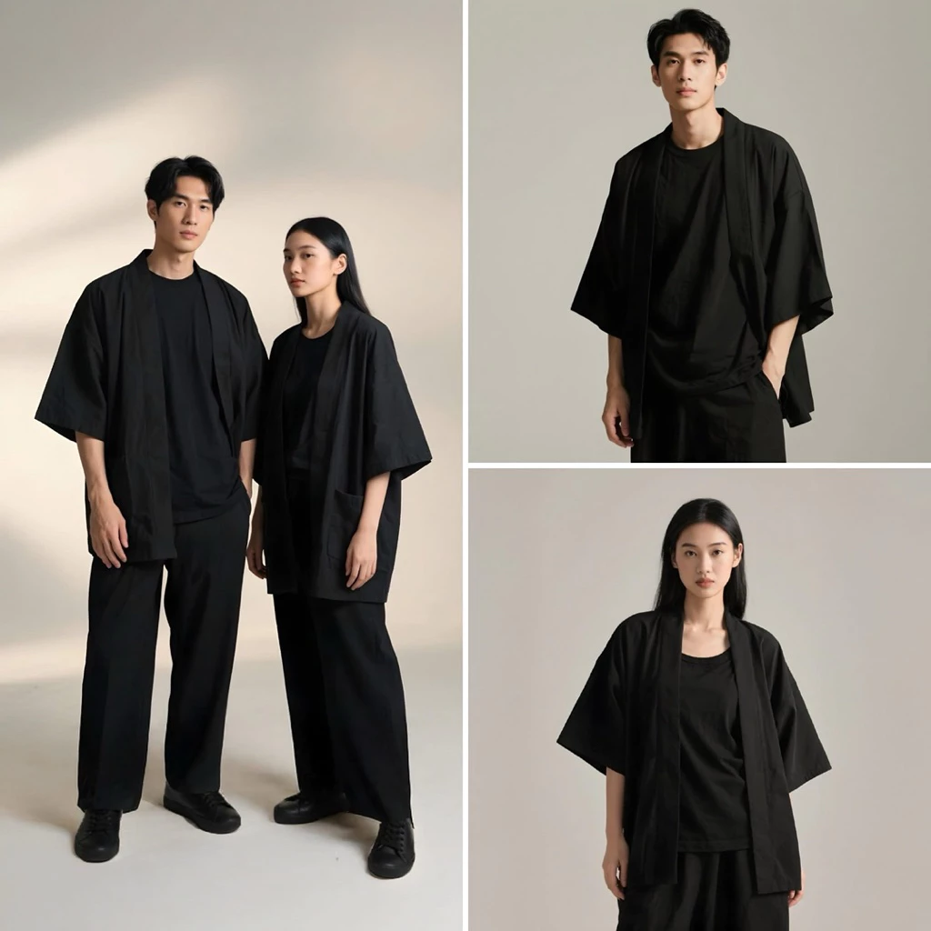 🔥[ Yukata ] - พื้นดำ🔥เสื้อคลุมญี่ปุ่น ไหมอิตาลี ทรงยูกาตะ ฮาโอริ สีพื้น เนื้อผ้าใส่สบาย ใส่ได้ทั้งผู้หญิงและผู้ชาย