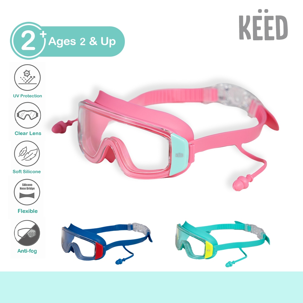 KEED : แว่นตาว่ายน้ำเด็ก 2 ปีขึ้นไป หน้ากว้าง เลนส์ใส มีที่อุดหู *3027*