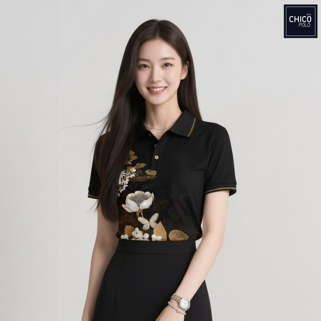 Chico Polo เสื้อโปโล เสื้อโปโลราชการ ทรงผู้หญิง รุ่น PREMIUM BLACK สีดำ (พิมพ์โลโก้หน่วยงานได้)