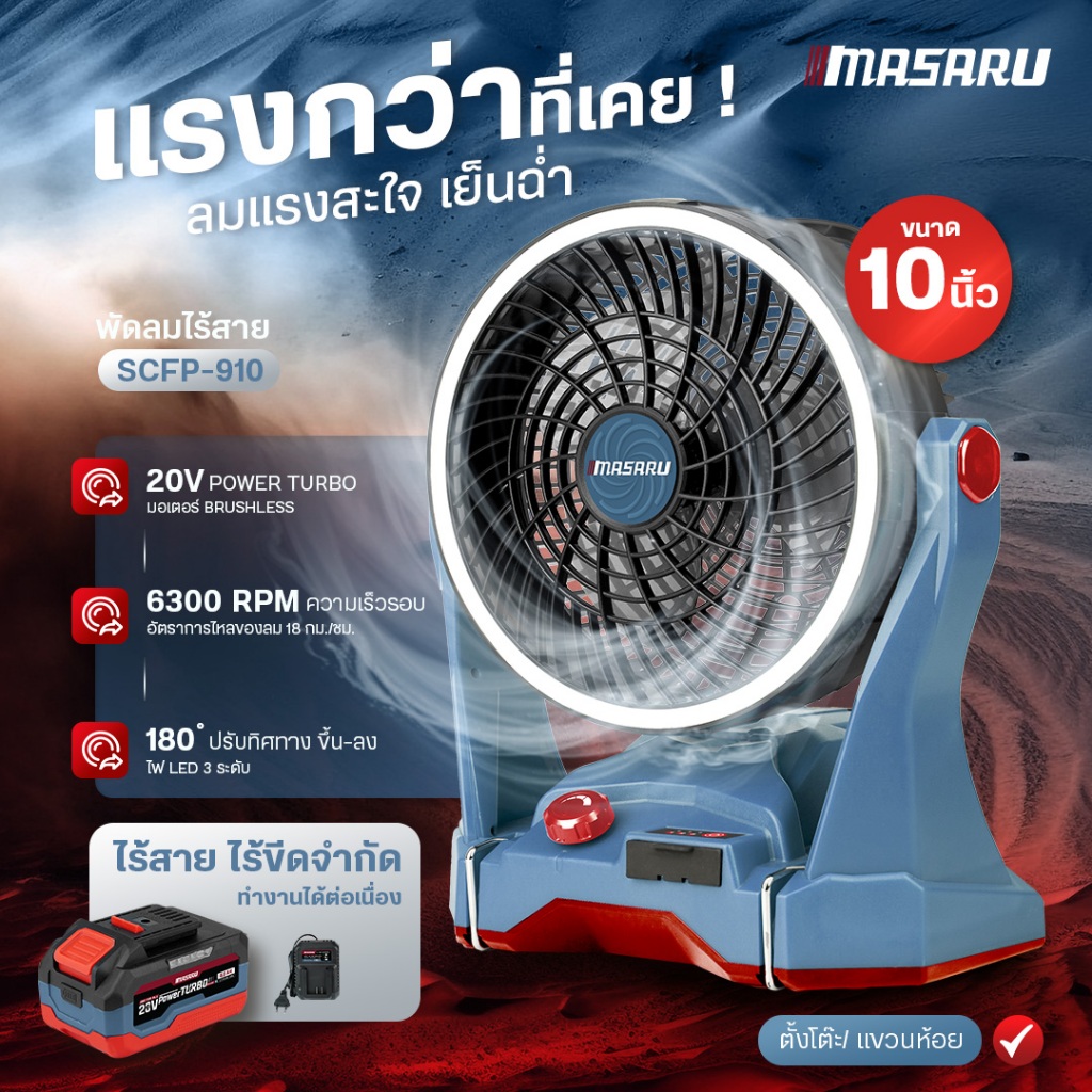 พัดลม MASARU พัดลมไร้สาย 12 นิ้ว รุ่น SCFP-900 / 910 พัดลมชาร์จได้ แขวนได้ ปรับระดับได้ รูปที่ 5