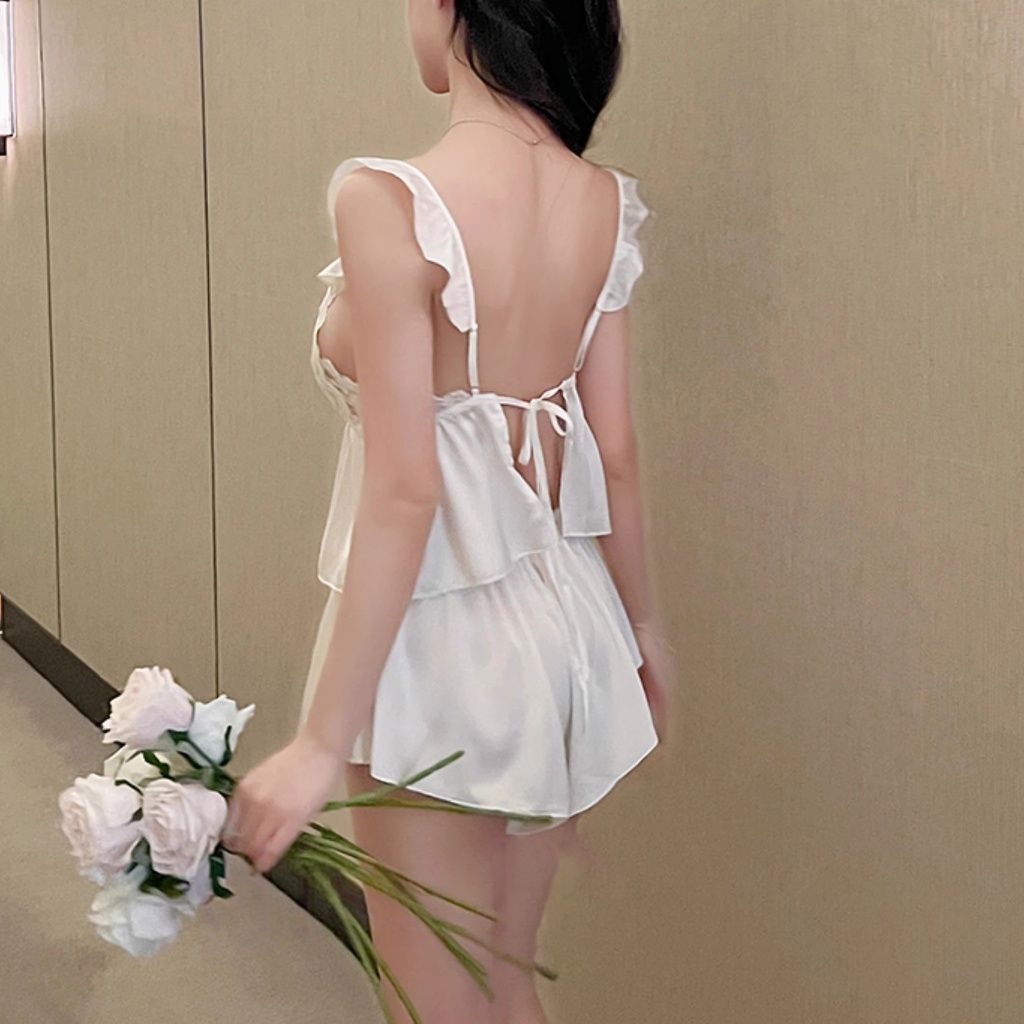 ชุดนอน  sexy  ผ้าซาติน ลูกไม้  ชุดนอน 2 ชิ้น    การออกแบบผูกด้านหลัง  ส่งจากไทย - รูปที่ 2