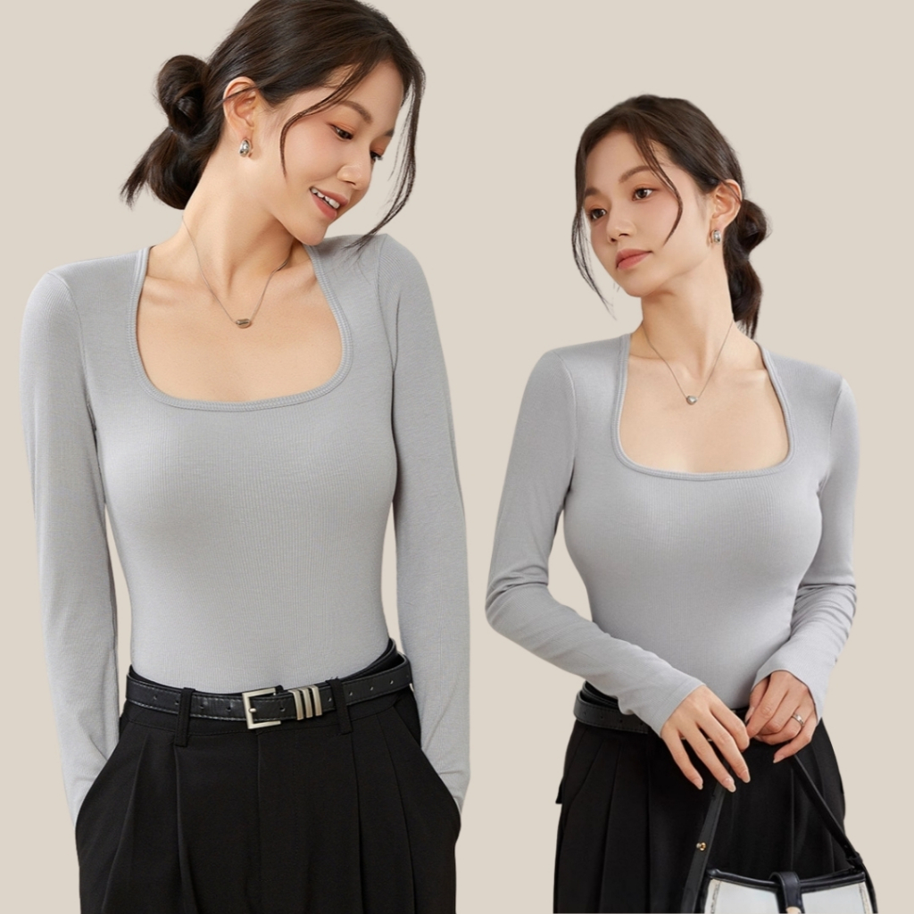 WsimpleBra | BingBing Long Sleeve เสื้อแขนยาว คอบัว มีบราในตัว[แบบถอดได้] เลิกใส่ชุดชั้นในและซิลิโคล