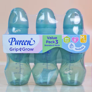 Pureen ขวดนมเพียวรีนจับถนัดมือ PPคอมาตรฐานแพ็ค3ขวดจุกนุ่มAnti-colic Grip grow