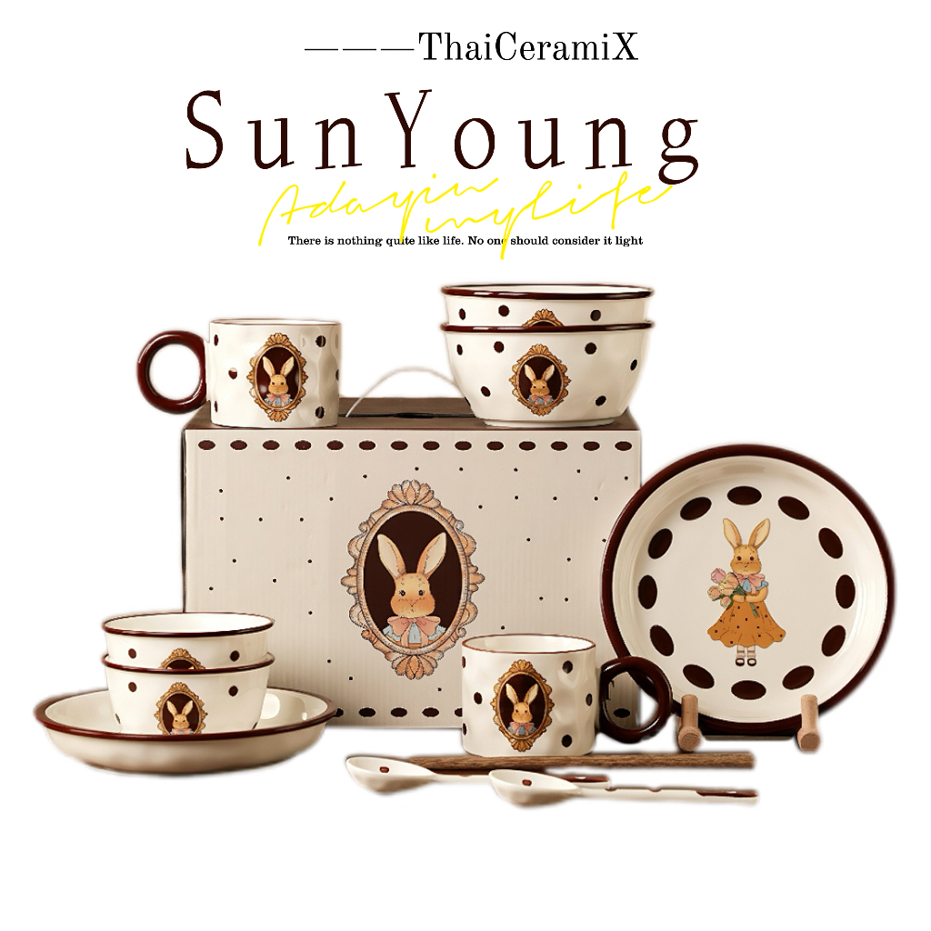 ลายกระต่าย ชุดจานชามและถ้วย Great gift ช้อน ถ้วย ชาม จาน ตะเกียบ ของใหม่ 6/12 ชิ้น เซตจานชามเซรามิค