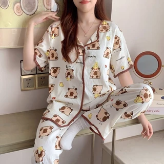 ชุดนอนแขนสั้น-ขายาว ผ้าไหมญี่ปุ่น มีฟองน้ำในตัว เบาสวยใส่สบาย ลน่ารัก ทรงหลวม ไซส์ S-4XL