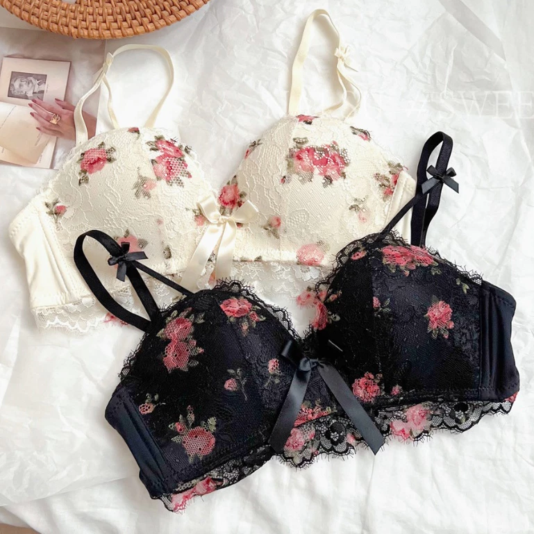 Bolubra👙ชุดชั้นในดันทรง ลายลูกไม้ดอกกุหลาบ ไร้โครง สวยงาม น่ารัก สำหรับผู้หญิง