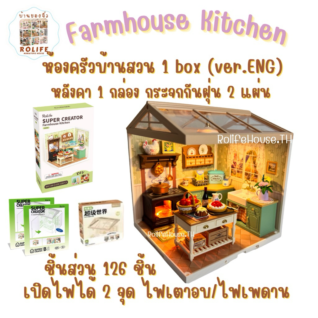 แบบครบเซ็ท!! บ้านของจิ๋วRolife-ห้องครัวบ้านสวน (Eng) 1 box+หลังคา 1ชิ้น+แผ่นกระจกกันฝุ่น 2 แผ่น