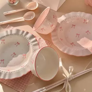 【Direct shipping】Plate Ceramic Tableware Rosy Bow Sweet And Gentle Collection Cute Bow Pattern