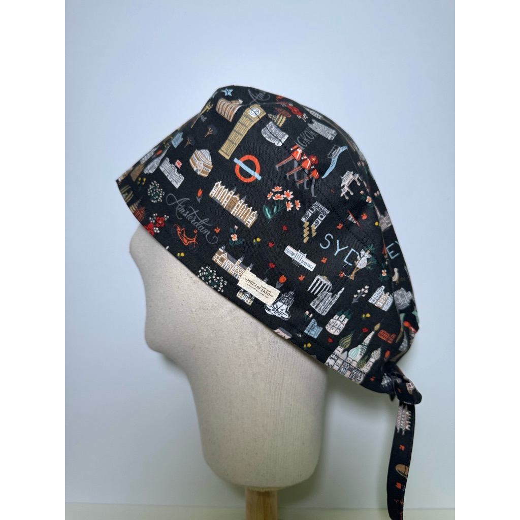 Handmade Scrub Caps หมวกผ่าตัด สีดำ ลาย city (คอตตอนนำเข้า, คอตตอน USA)