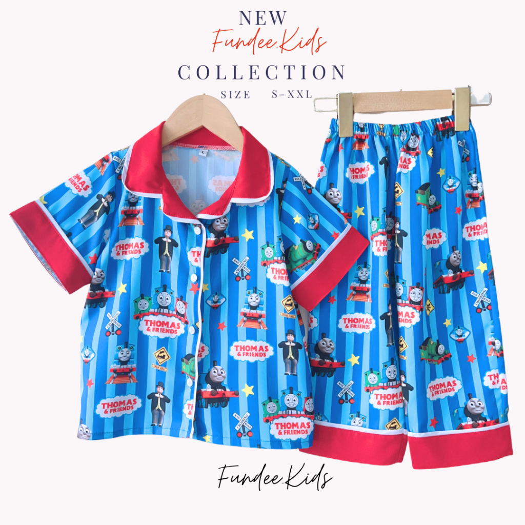 ชุดนอนเด็กผ้าไหมอิตาลี ชาย หญิง แขนสั้นขายาวงานพรีเมี่ยม สีสดใส ลายน่ารัก คอปกกระดุมหน้า ไซส์ M-3XL