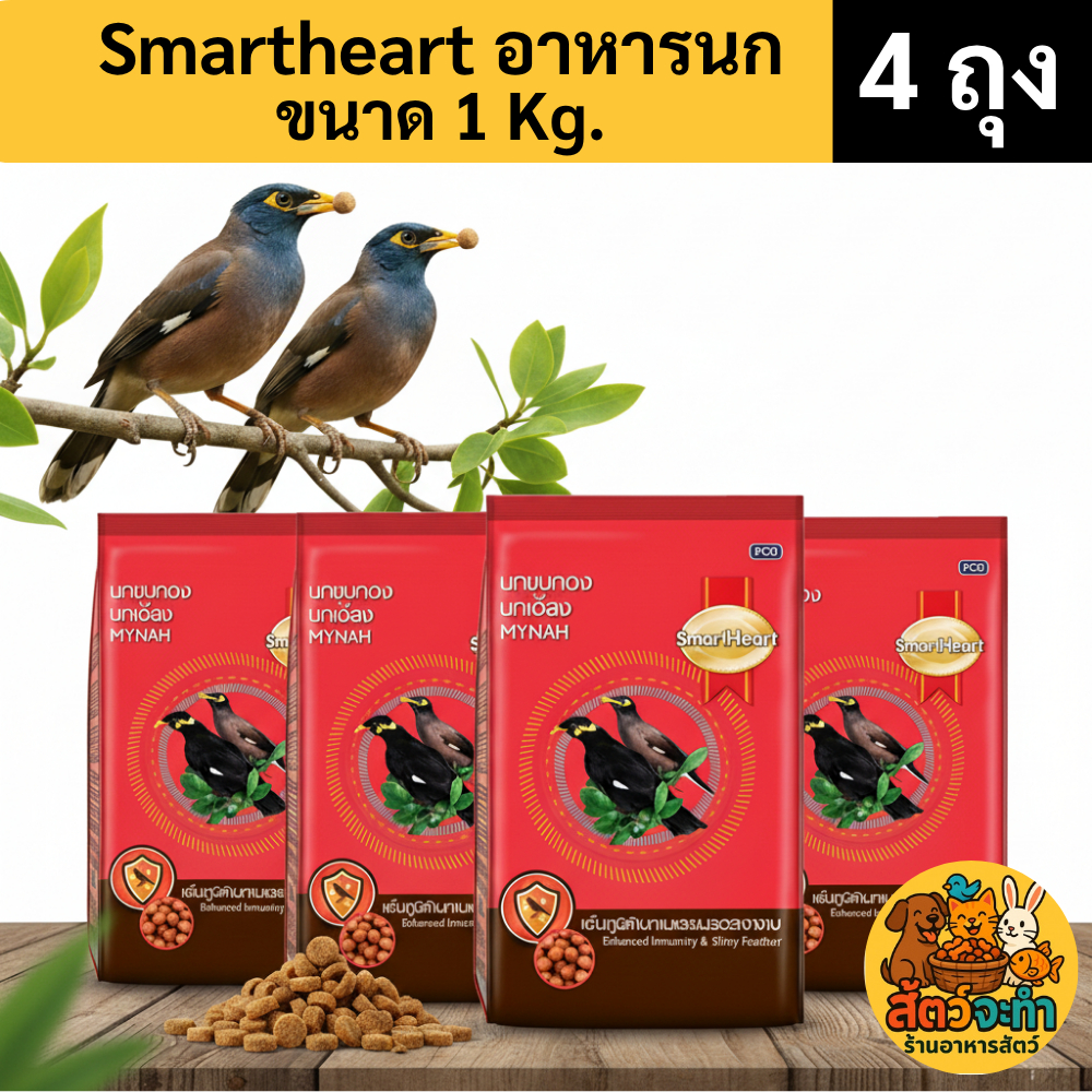 (เซต 4 ถุง) SmartHeart อาหารนกขุนทอง นกเอี้ยง สูตรเพิ่มภูมิต้านทานและขนสวยเงางาม (ถุงละ 1 kg.)