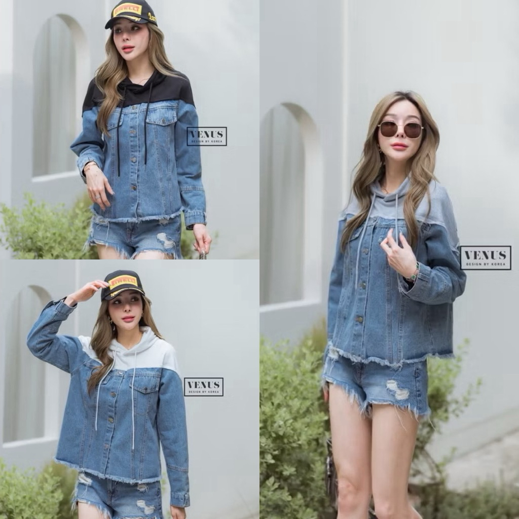 เสื้อสเวตเตอร์แขนยาวมีฮู้ด ตัดแต่งเสริมผ้ายีนส์