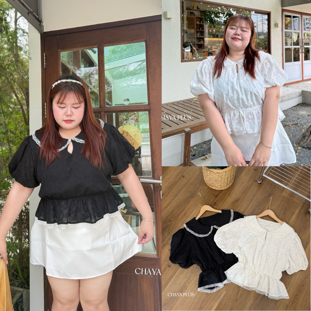 /LD/ เสื้อแขนตุ๊กตาผ้าฉลุ สาวอวบ ไซส์อก40-52 คอบัวแต่งลูกไม้ ติดกระดุมมุก ระบายชาย น่ารักมาก #เสื้อไซส์ใหญ่ พลัสไซส์