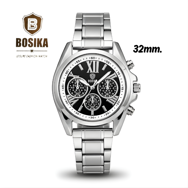 BOSIKA นาฬิกาข้อมือแฟชั่น ดีไซน์หน้าปัดทรงกลม ขนาดหน้าปัด32มม. ตั้งเวลาให้พร้อมใช้งาน แถมถ่านให้ฟรี