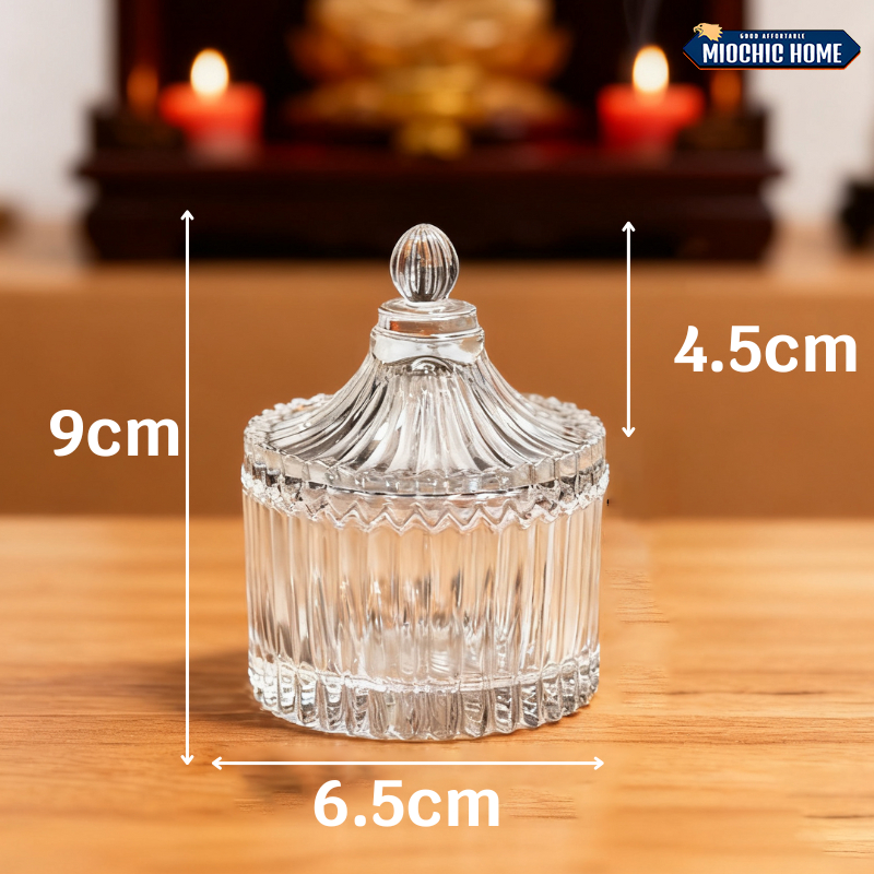 โถแก้วฝาปิด โถแก้ว กระปุกแก้ว ขวดโหลแก้ว โถแก้วกลม เก็บน้ำบูชา ขนาด 9x6.5cm ผอบแก้ว เก็บดอกไม้ เซ่นไหว้ สำหรับทำบุญ