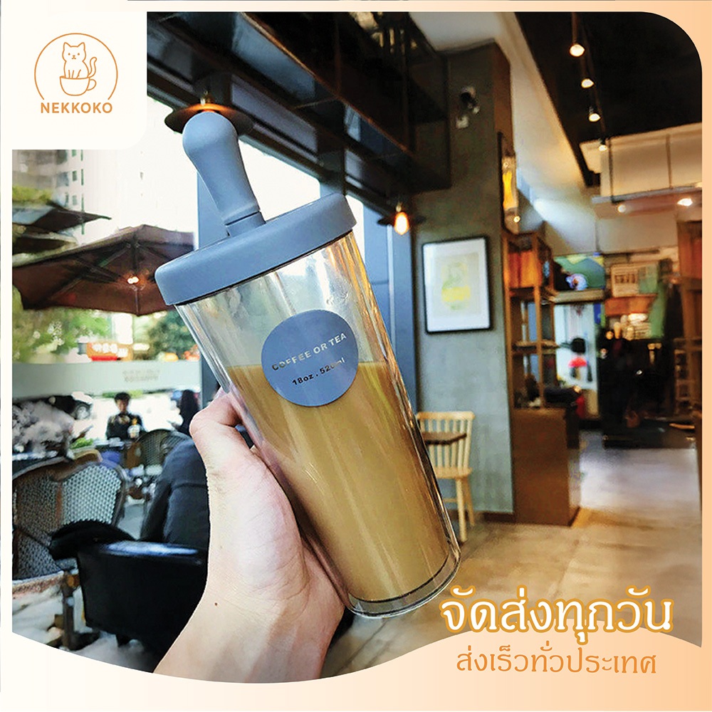 แก้วกาแฟพร้อมหลอดมีจุดทรงหยดน้ำ พกพาง่ายกันน้ำรั่ว ใส่ร้อนปลอดภัยไร้สารพิษ