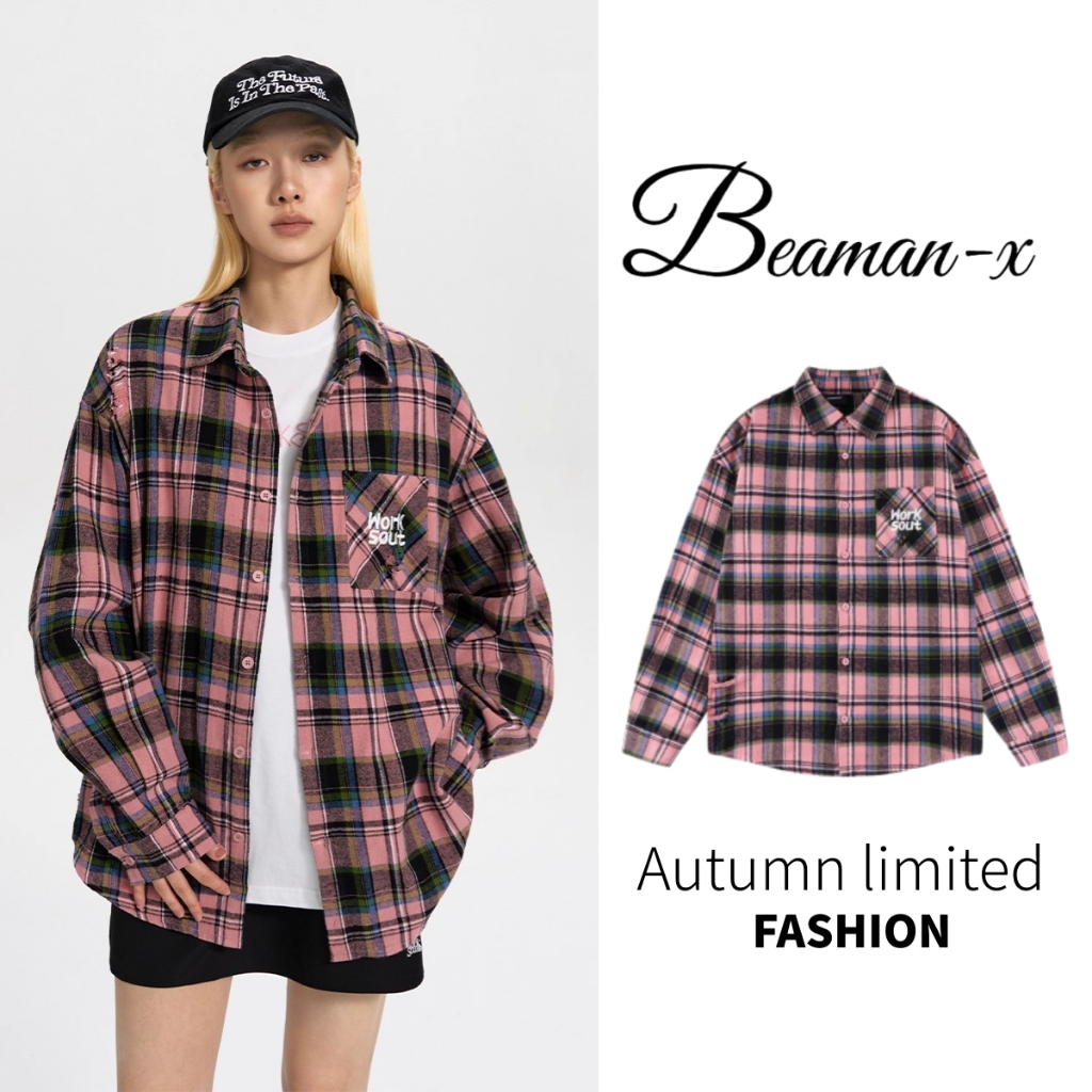 Beaman-X เสื้อเชิ้ตสก็อต แขนยาว ฤดูใบไม้ร่วง แบบบาง ทรงหลวม สไตล์เรโทร-เกาหลี-ญี่ปุ่น ไม่ยับง่าย ทุกเพศใส่ได้ มีหลายสี