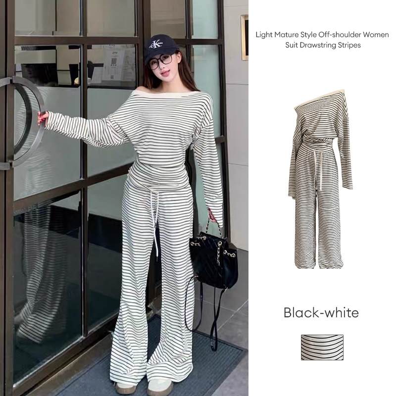 เบาสไตล์ผู้ใหญ่ปิดไหล่ผู้หญิงสูทสายรัดลายหลวมแขนยาวเสื้อยืดกางเกง JD