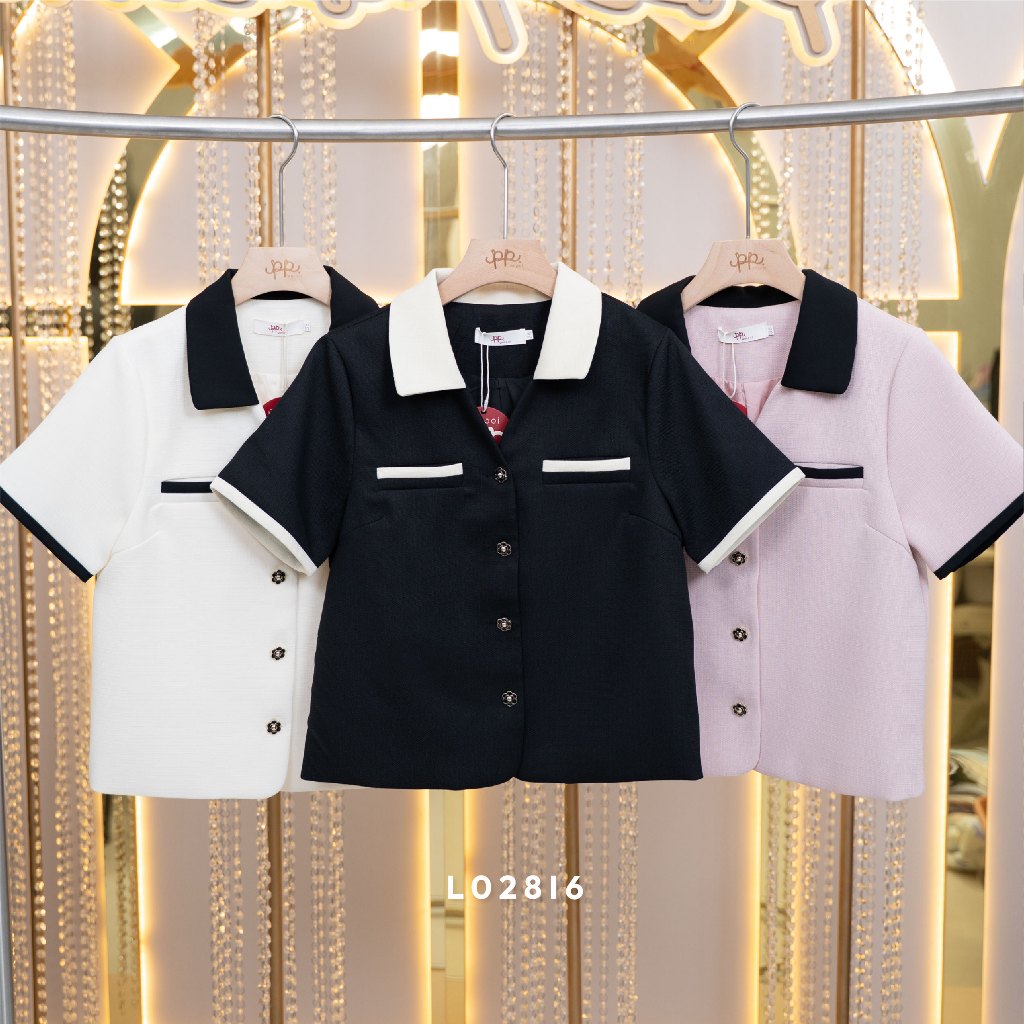 POI เสื้อคอปกผ้าทวิตแขนสั้นแต่งกระเป๋า กระดุม งานทูโทนสไตล์เกาหลี L028I6
