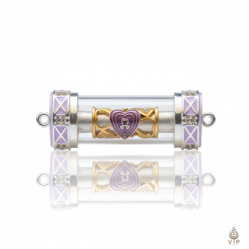 ตะกรุดมัดใจ เสริมรัก เสน่ห์แรง (ฝาเพชรทวีคูณ) | Love Binding Takrud | 情缘符管 钻石盖佛牌 (กรอบชุบหนา 2 เท่า)