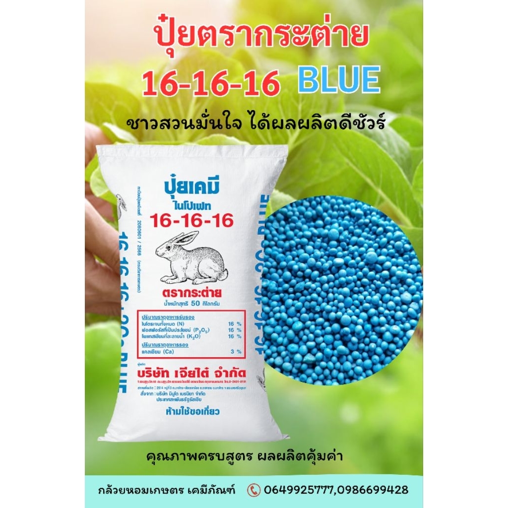 ปุ๋ยตรากระต่าย สูตร 16-16-16  บลู (เม็ดสีฟ้า) ขนาด 25 กก.