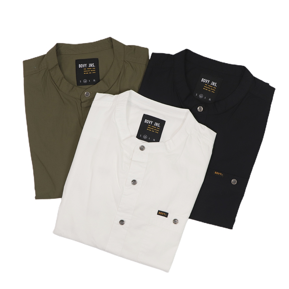 MEN'S BOVYCOLLAR  SHIRT-เสื้อเชิ้ตคอจีนผ้านุ่มด้ายดำซักไบโอวอซ BBS11246