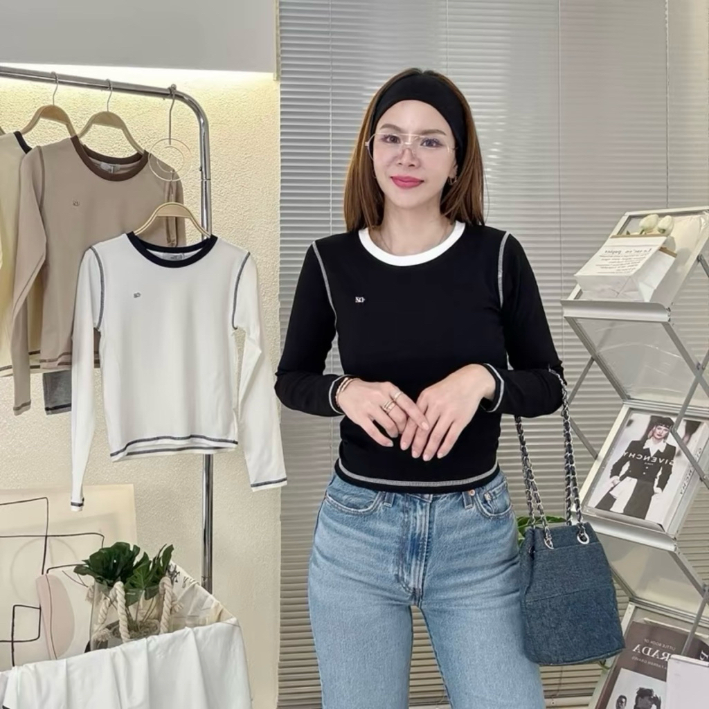 159-160 Navee (เน-วี่)เสื้อยืดแขนยาวคอกลม ตัดขอบสีทูโทน ผ้าCotton supersofeมูจิ