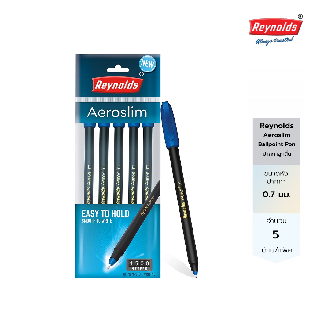 Reynolds ปากกาลูกลื่นเรย์โนลด์ แอโร่สลิม หมึกน้ำเงิน 0.7 *แพ็ค 5 ด้าม* Reynold  Aeroslim