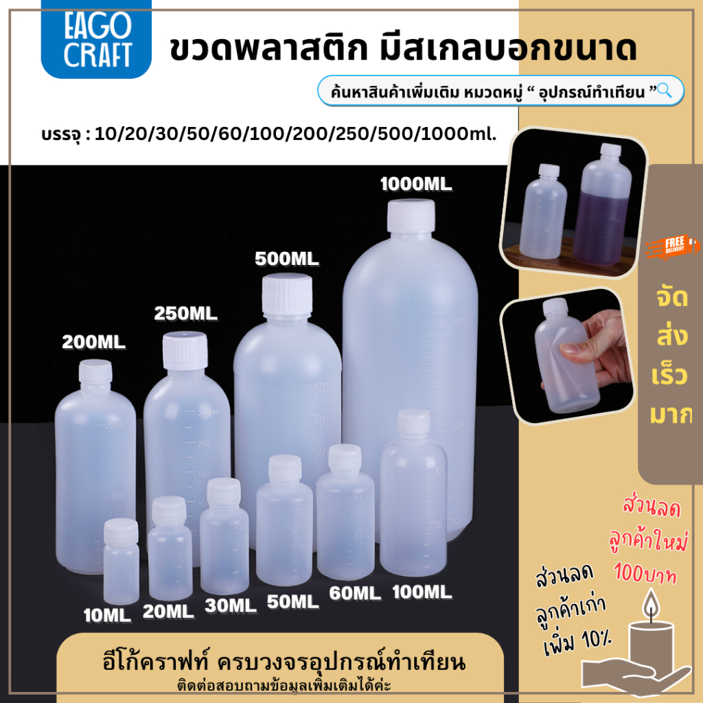 ขวดพลาสติก ขวดยาน้ำ ใส่สารเคมี มีสเกล ขนาด 100/250/500/1000ml ขวดสีขาวขุ่น ใส่เครื่องดื่ม บีบได้ วัสดุPE