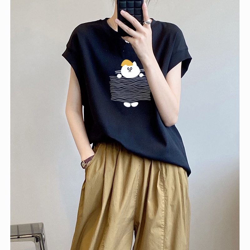 เสื้อแขนกุดลําลองทรงหลวมสไตล์เกาหลี oversize เสื้อผ้าสาวอวบแฟชั่นฤดูร้อนใหม่ เสื้อยืดลายการ์ตูนสวยๆผู้หญิงกําลังฮิต 3XL