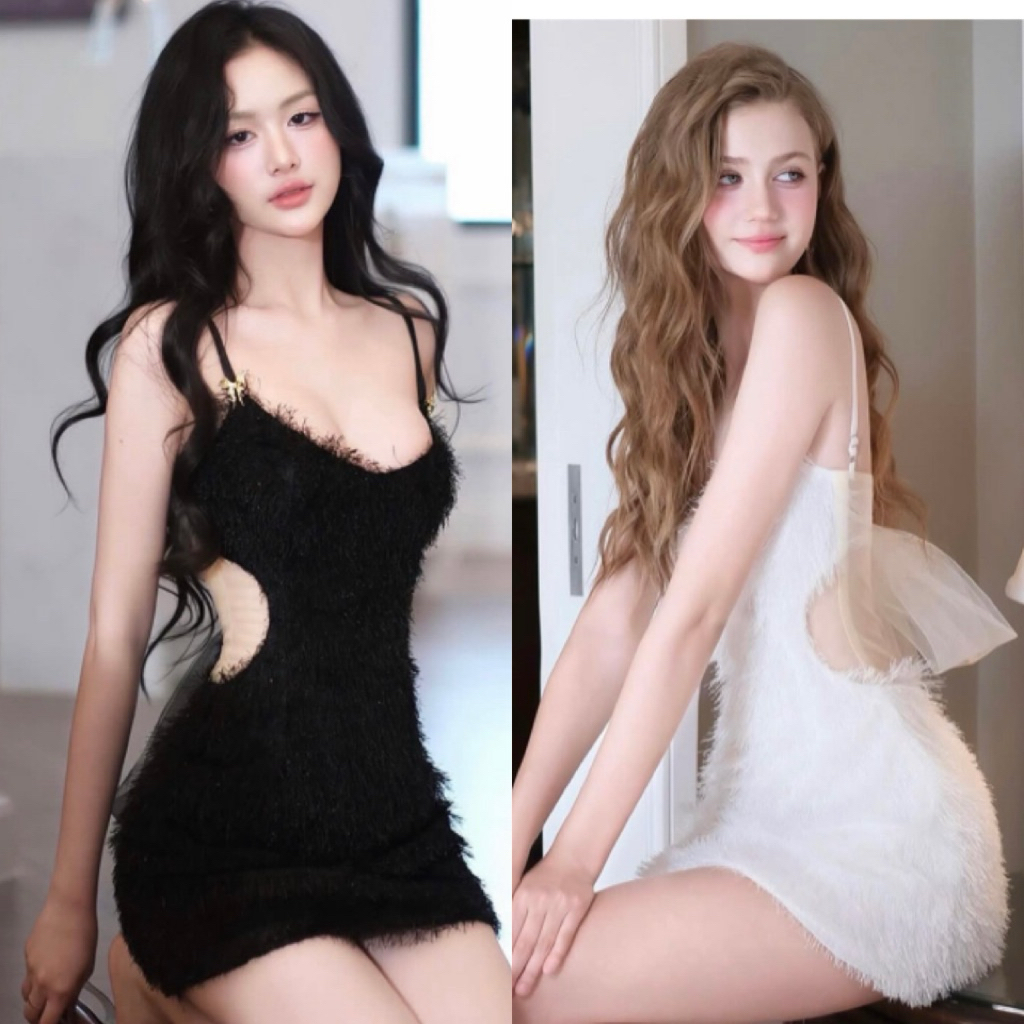 Minidress สายเดี่ยวผ้าขนนุ่ม ดีเทลติดอะไหล่ช่วงบนด้านหน้าสีทองสวยทั้ง 2 ข้าง