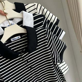Hana Top เสื้อโปโลคอบัวลายริ้ว ทรงสวย ผ้านุ่ม อกก่อนยืด 32 นิ้ว (ขนาดเดียว)