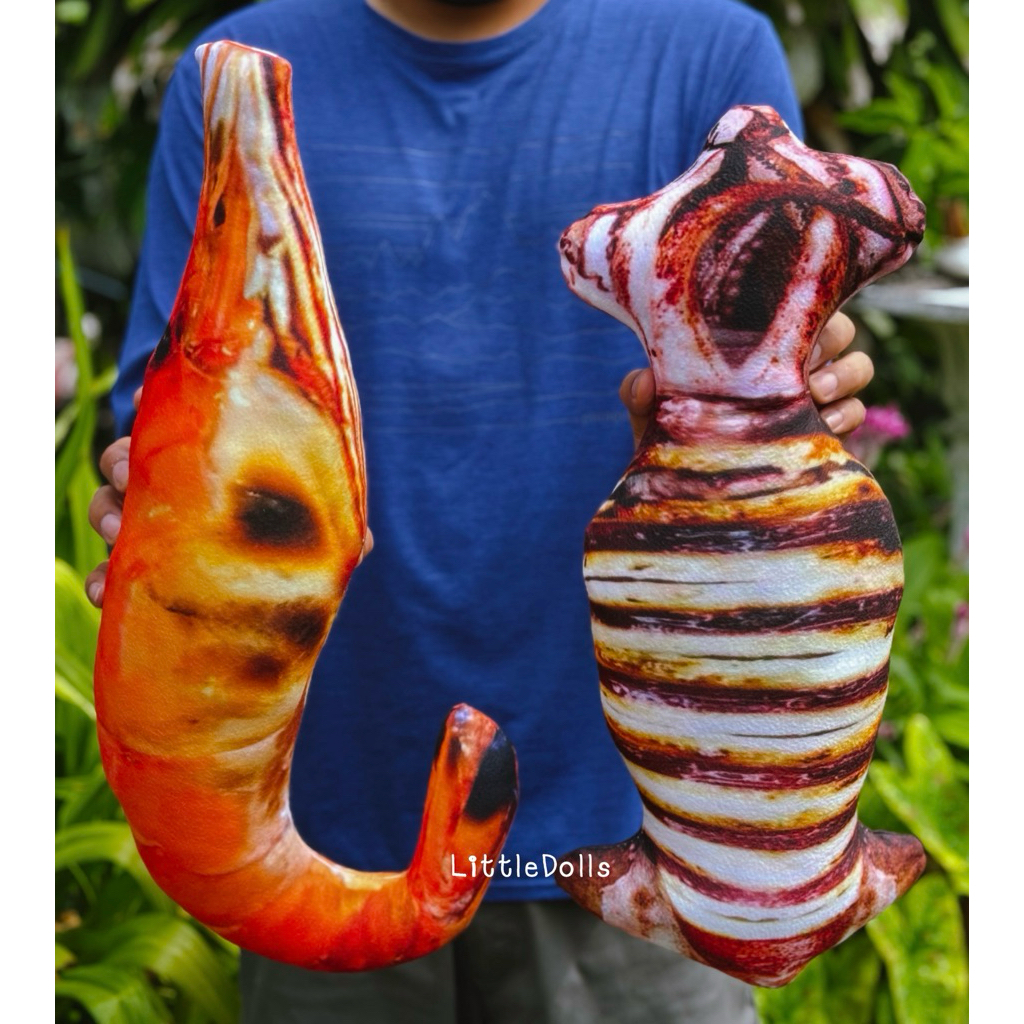 ตุ๊กตาปลาหมึกย่าง กุ้งเผา ขนาด 50 cm. งาน3D รีดสกรีนสีสวยสดใสเหมือนจริงมากแม่