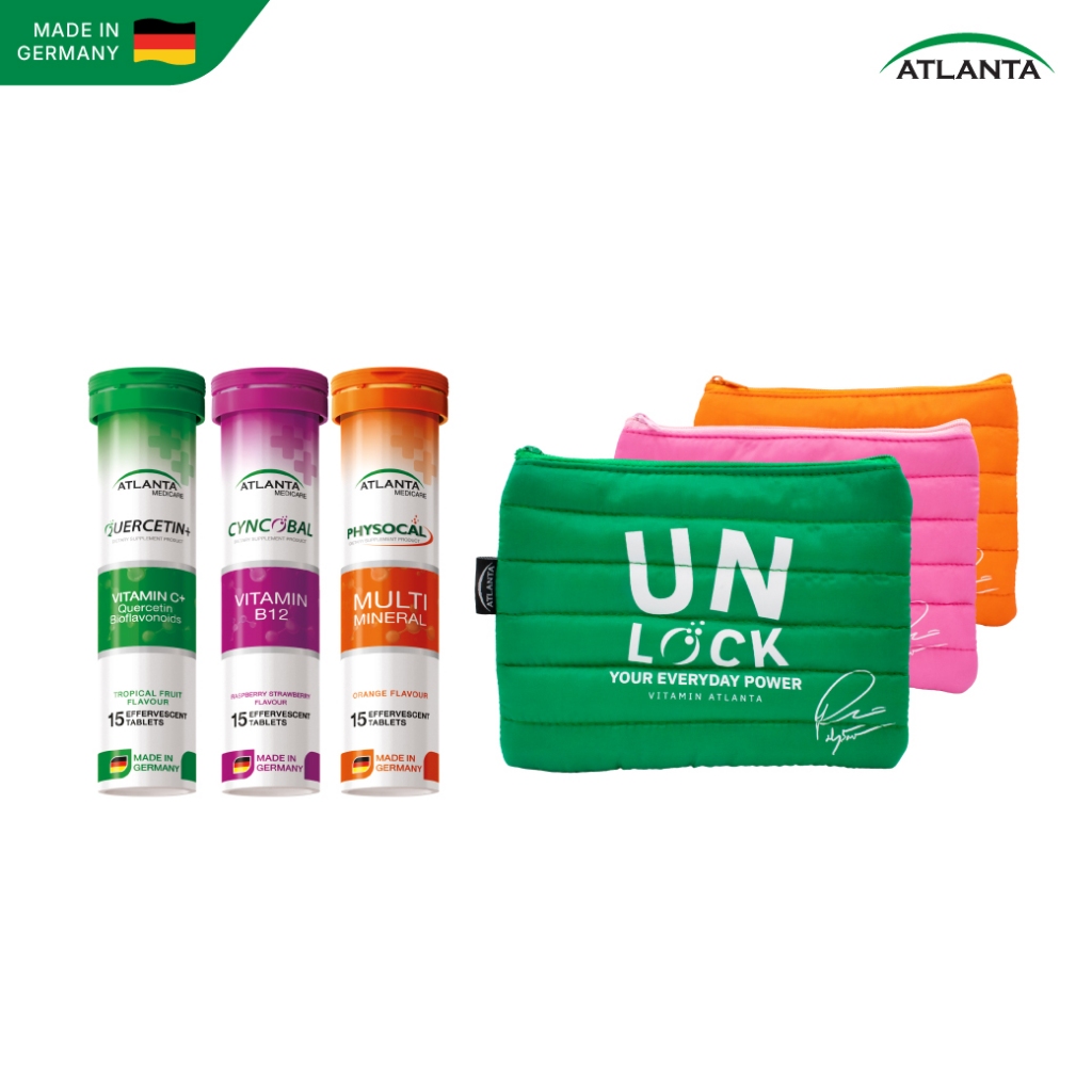 [3 หลอด+กระเป๋านุ่มนิ่ม] วิตามินเม็ดฟู่ Atlanta Cyncobal Vitamin B12 + Quercetin Vitamin C + Physoca