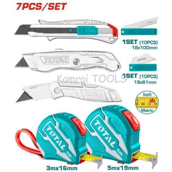 TOTAL ชุดเซ็ต ตลับเมตร + มีดคัตเตอร์ 7 ชิ้น/ชุด TOS23036E  ชุดพกพาสำหรับช่างมืออาชีพ แนะนำซื้อได้เลย