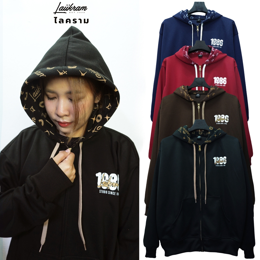 (LH_90)หมวกด้านในพิมพ์ลายใหม่2025 เสื้อกันหนาว งานป้ายแท้ ลายคราม เสื้อฮู้ดงานซิปเหล็กทอง New York นิวยอร์ก พิมพ์laiikra