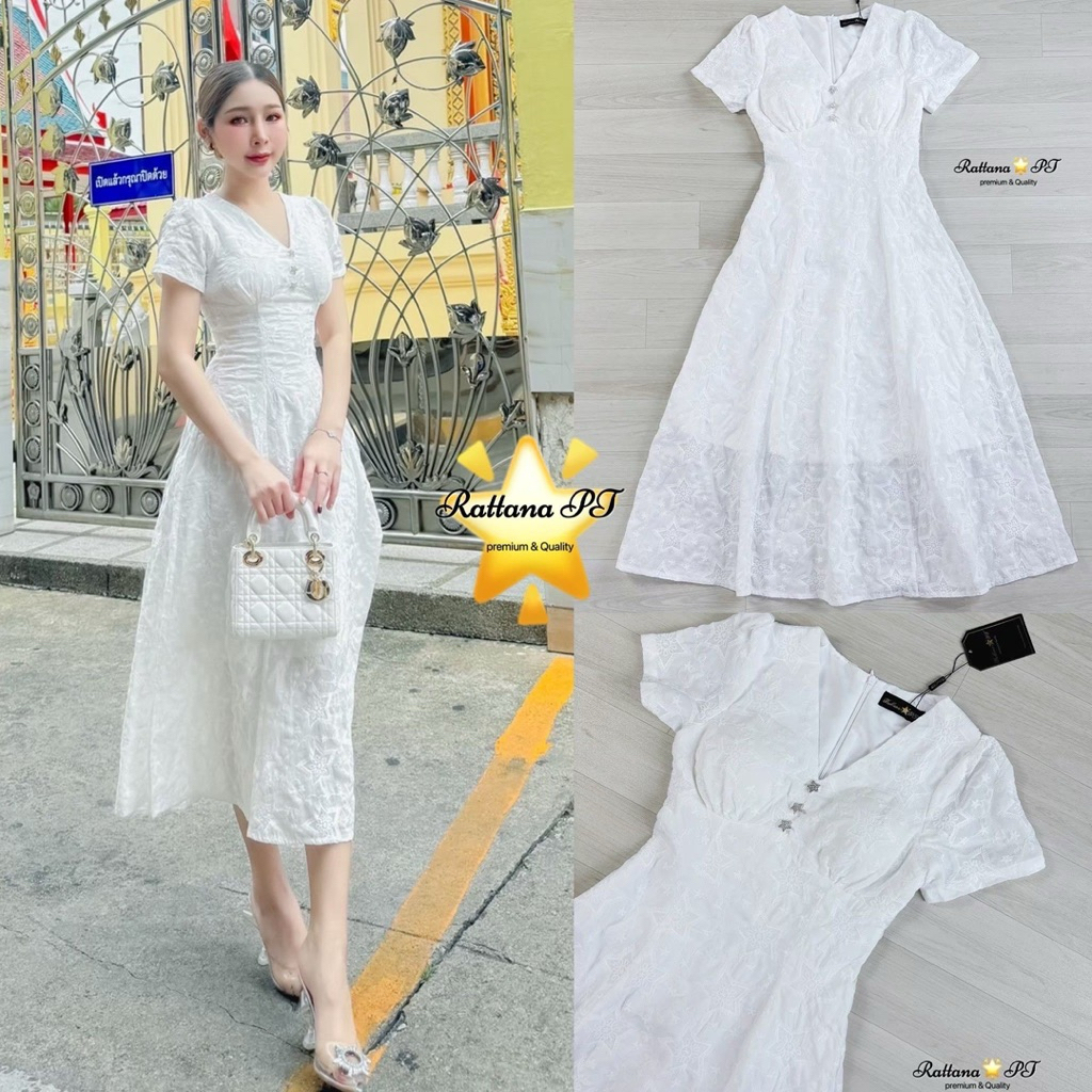 Rattana เดรสสีขาวลูกไม้ตัวยาว
