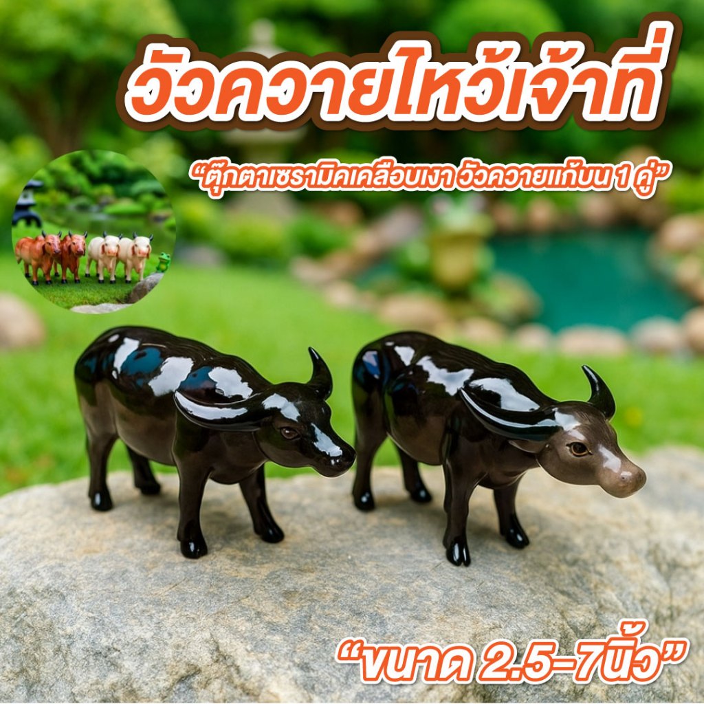 วัวปลอมควายแก้บน วัวควายไหว้เจ้าที่ ขนาด 2.5-7น. แพ็คคู่ แก้บน ถวายศาล ตุ๊กตาเซรามิคเคลือบเงา ทนทาน