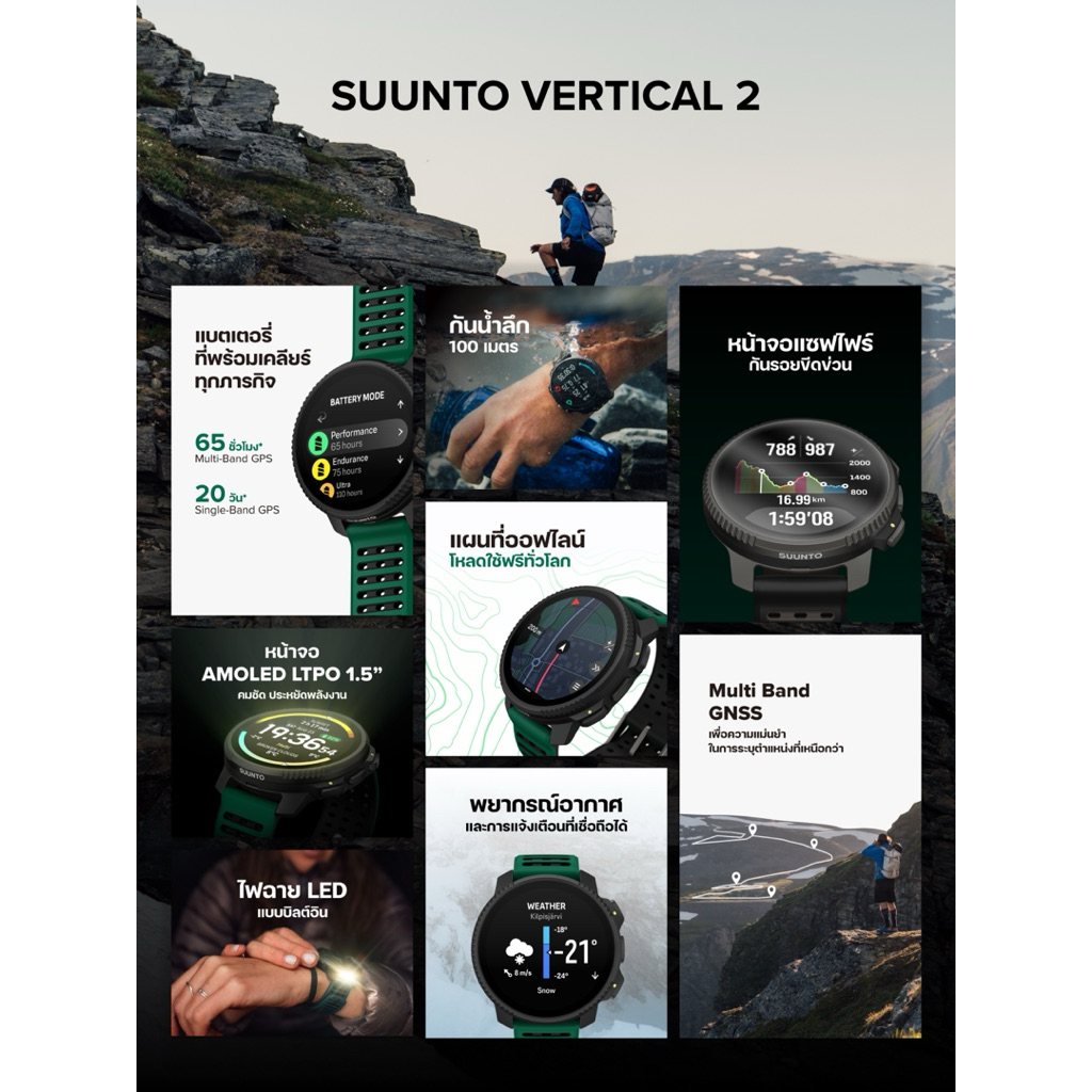Suunto Vertical 2 นาฬิกากีฬา GPS จอ LTPO AMOLED 1.5 นิ้ว ตัวเรือนสเตนเลสสตีล/ไทเทเนียมเกรด 5 แซฟไฟร์คริสตัล สี All Black/Canyon