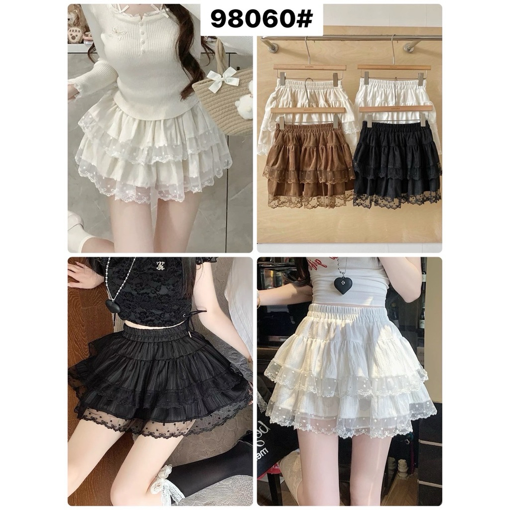 กระโปรงสั้นผ้าลูกฟูกแต่งชั้นลูกไม้ แต่งระบาย2 ชั้น #98060