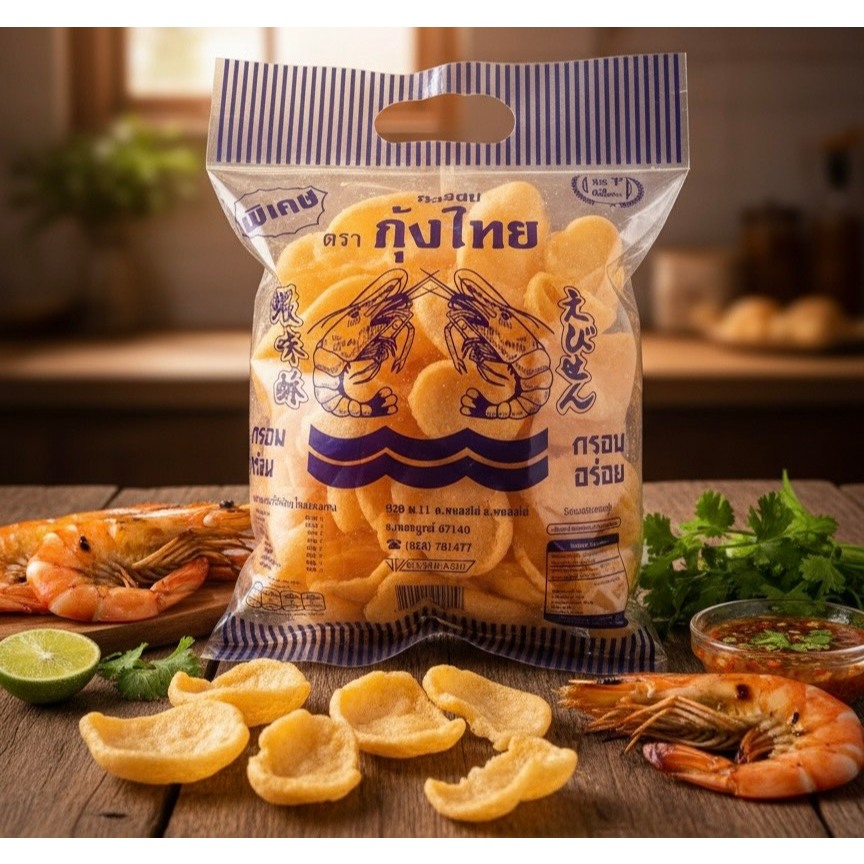 ข้าวเกรียบกุ้ง ตรากุ้งไทย ซองสีน้ำเงิน ขนาด 1 โหล ( 12 ซอง )