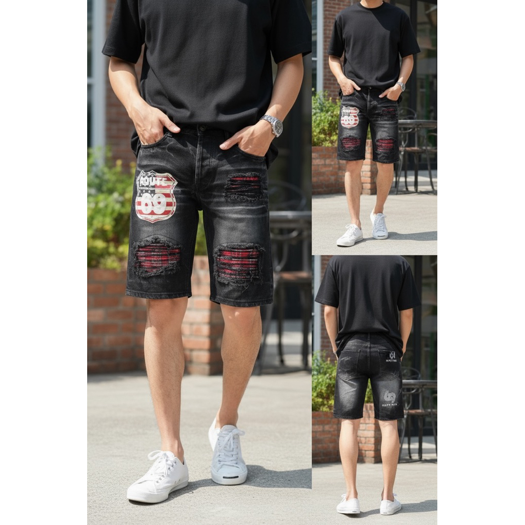 JXP Shorts Denim กางเกงยีนส์ขาสั้นชายเหนือเข่า สีดำฟอก แต่งปะขาดสกรีน69 เป้ากระดุม Size 28-36 รับชำระปลายทาง