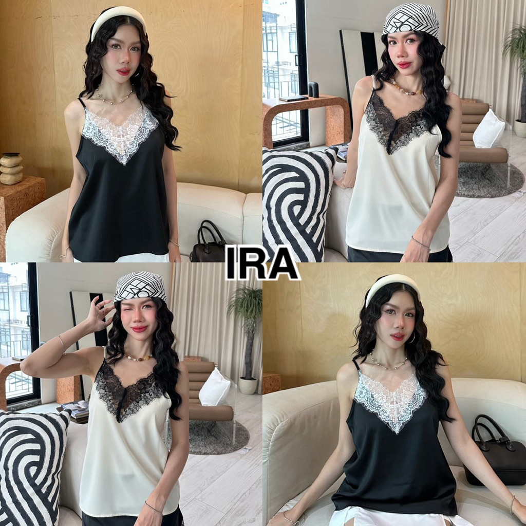 BY IRA พร้อมส่ง Angelica Top เสื้อสายเดี่ยวผู้หญิง สีพื้น แต่งลูกไม้  สายปรับได้ เสื้องานผ้าซาติน (ไม่มีซับใน)